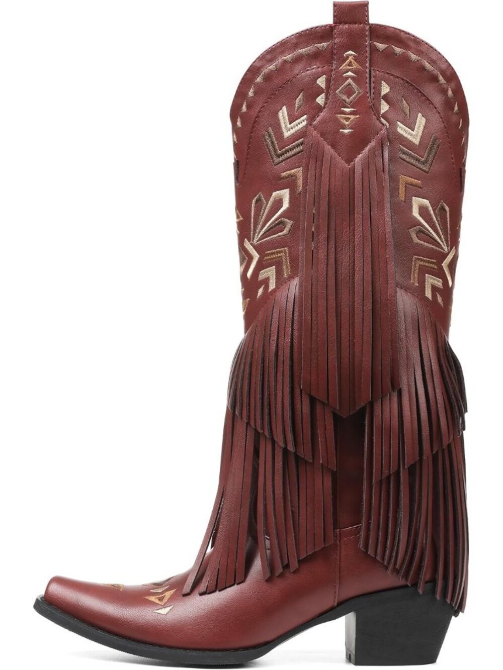 Women's Wine Red Cowgirl Knee High Fringe Boots Rubber Fleece Microfiber - Picture 3 of 5
